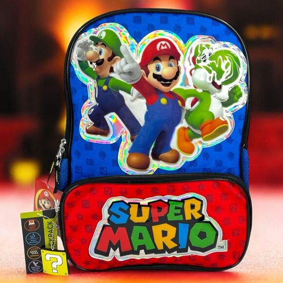OFFICIAL Super Mario Backpack Reflective Kids School Bookbag Bag 17” w Bag Charm - Picture 14 of 16